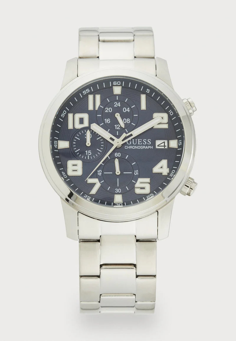 reloj guess cronografo plateado con dial azul para hombre