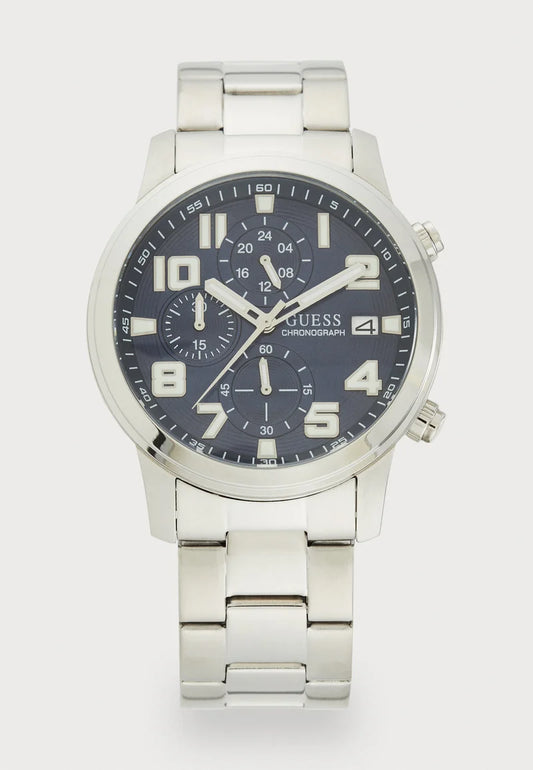 reloj guess cronografo plateado con dial azul para hombre